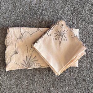 Vintage Embroidered Cut-out Round Tablecloth and 8 Napkins Cream and Gray